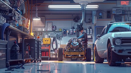 Naklejka premium A Man Works on a Car Engine in a Well-Equipped Garage