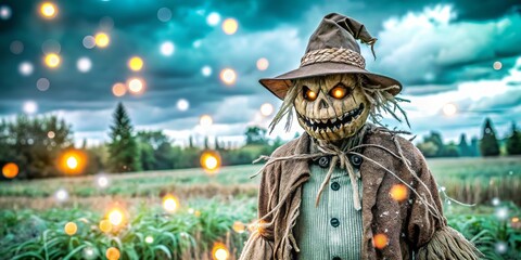 Fototapeta premium A haunting scarecrow stands eerily in the evening mist, its shadowy silhouette blurred in a dreamy bokeh, creating an unsettling atmosphere perfect