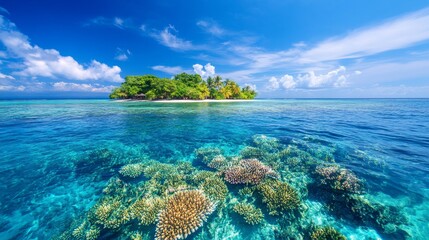 Fototapeta premium A tropical island encased in a protective ring of coral reefs, vibrant underwater life swirling around, pristine waters reflecting a radiant blue sky
