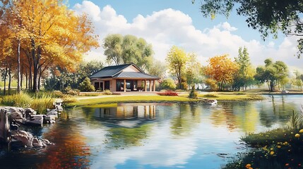 Obraz premium Idyllic Lakeside Cabin with Autumnal Foliage.