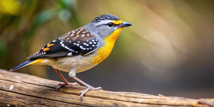 Spotted pardalote bird perched on a log in natural surroundings, spotted pardalote, bird, perched, log