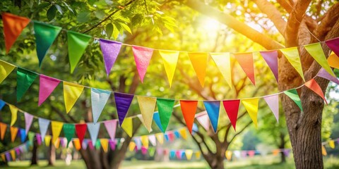 Colorful bunting flags hanging from a tree, festive, celebration, party, vibrant, decoration, outdoors, hanging, whimsical