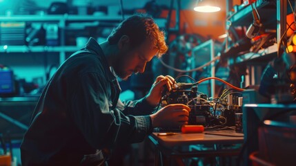 A man working on electrical components in a dimly lit workspace