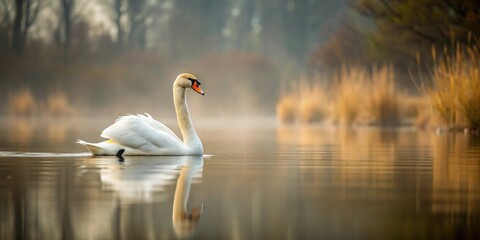 Fototapeta premium Solitary swan gliding in murky pond waters , swan, pond, water, murky, clarity, haze, serene, tranquil, peaceful, beauty