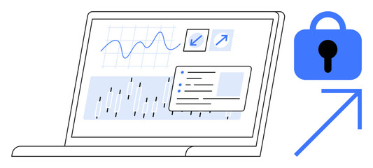 Laptop screen displaying graphs and charts for data analysis and security measures with a padlock and upward arrow. Ideal for cyber security, data protection, financial growth, analytics, technology