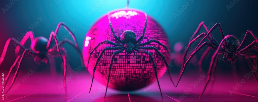 Aufkleber a vibrant scene featuring spiders around a glimmering disco ball, illuminated with neon colors, crea