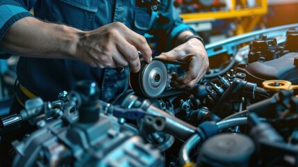 Obraz premium Mechanic Adjusting Timing Belt on Car Engine