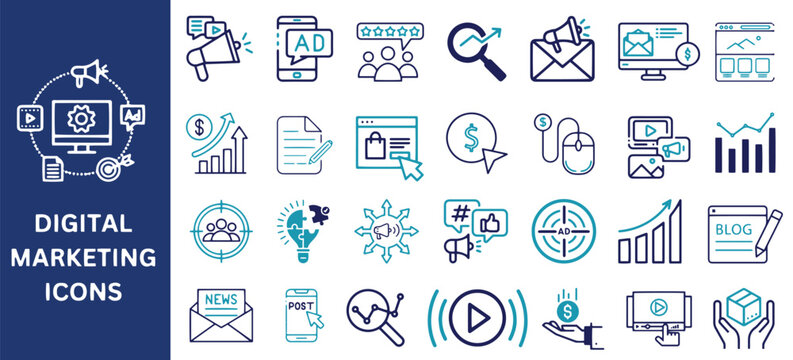 Digital Marketing Icon Set. Digital marketing, SEO, email, content, website, online advertising, social media, sales, icons. Vector illustration.