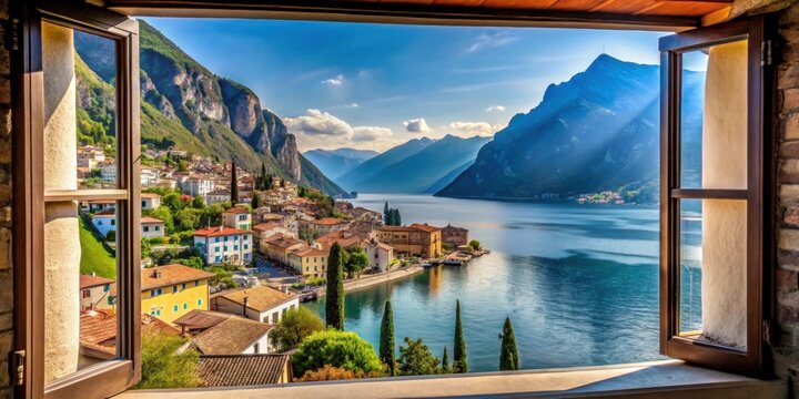 Window overlooking the picturesque village Limone Sul Garda on Garda Lake in Lombardy, Italy, village