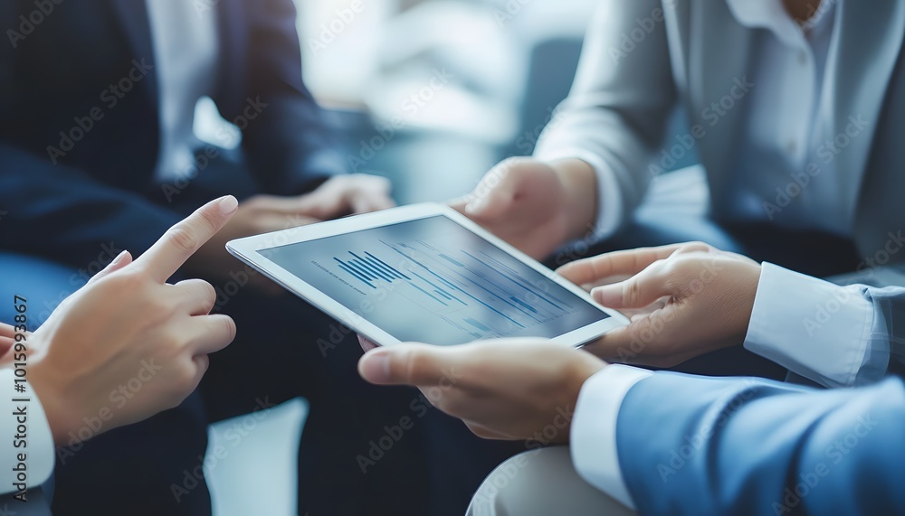 Poster close-up of hands holding a tablet displaying a graph