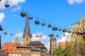 Historical old town of the district town Lichtenfels on a day with blue sky and cumulus clouds,...