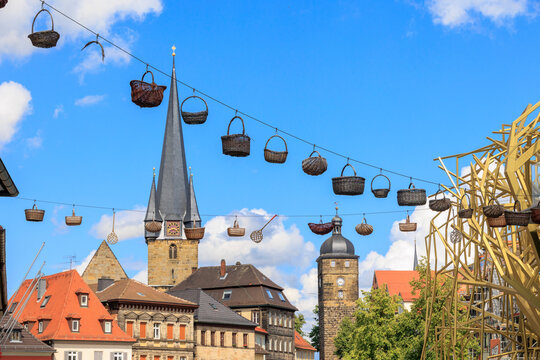 Historical old town of the district town Lichtenfels on a day with blue sky and cumulus clouds, Germany, Lichtenfels, 29.July.2023