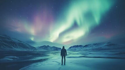 Obraz premium Person standing under a vivid aurora borealis glowing in the sky with shades of green and purple creating a breathtaking natural display