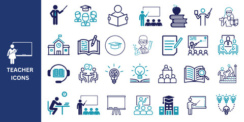 Teacher icon set. Teacher, school, teaching, lesson, mentor, professor, education, books, instruct, study, and knowledge icon. Vector illustration.