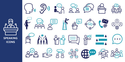 Speaking icon set. Communication icons set. Speech, speech bubble, talking, message, meeting, consultation, and conversation icon. Vector.