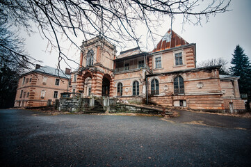 Obraz premium Enigmatic Gothic Mansion Amidst a Gloomy Landscape