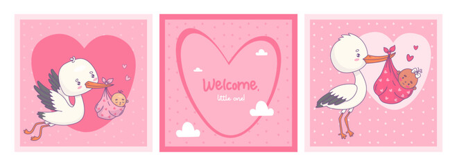 Cute white stork and newborn baby girl arrival. Cool square pink cards. Kids collection. Vector illustration