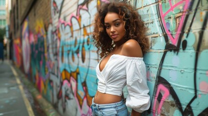 Fototapeta premium A stylish young woman poses confidently by a colorful graffiti wall in an urban setting. Fashion blends with street art.