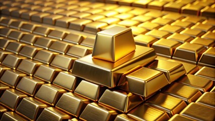 of gold bar on stacks of gold bullions, banking, finance, wealth, investment, precious metals, rendering, asset