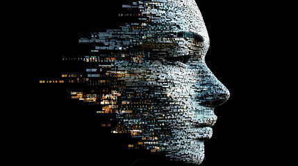 Digital Human Face Made of Cubes with Binary Code