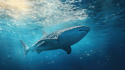 Naklejka premium A giant whale shark swimming near the ocean surface. Copy space available in the clear blue water.