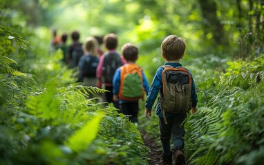 Children and their teacher exploring a lush, green forest during a school trip, reflecting outdoor learning and nature exploration