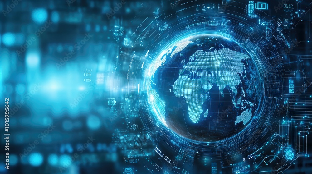 Poster a globe surrounded by encryption symbols on a futuristic digital background. copy space available.