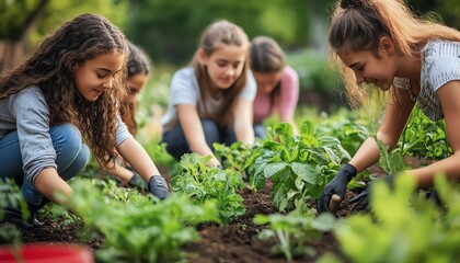 Community garden scene with teen girls planting and tending to plants, demonstrating teamwork and gardening skills