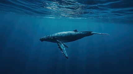 A humpback whale swimming gracefully beneath the surface, surrounded by blue water with copy space