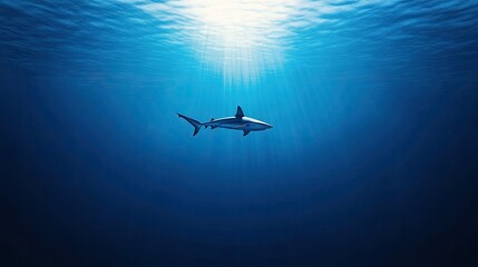 Naklejka premium A lone shark swimming through the deep blue sea, with space for text on the vast water background.