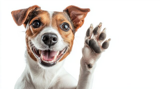 A happy dog with a big smile, waving its paw.