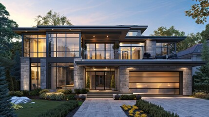 Fototapeta premium Modern Two-Story House with Stone Facade and Extensive Glass Windows