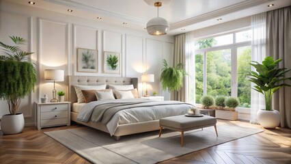 Fototapeta premium Elevate your modern bedroom with cozy white furniture, combining elegance and comfort. Emphasize clean lines, soft textiles, and stylish accents for