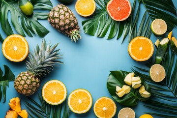 Tropical Fruits and Palm Leaves on Blue Background