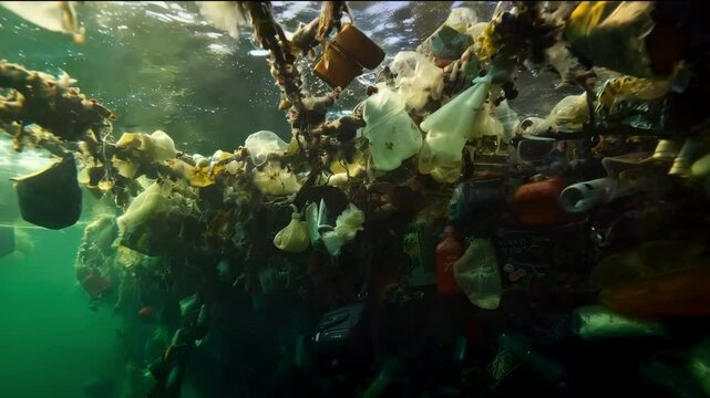 Environmental disaster concept. Plastic Island or Great Pacific Garbage Patch or Pacific Trash Vortex, consisting mainly of plastic, light metals and organic residues
