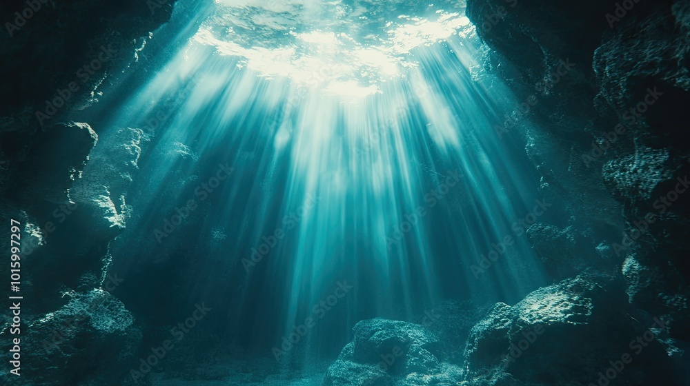 Poster a mesmerizing view of an underwater canyon with soft light filtering through. room for copy in the d