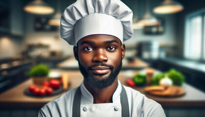 Portrait of a Black chef in a modern kitchen setting, showcasing professionalism and culinary expertise