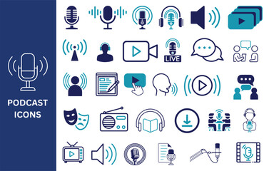 Podcast Icon Set. Podcast icon pack. Podcasting, recording, broadcasting, episode, and entertainment icons. Vector illustration.