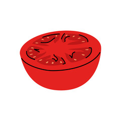 Flat vector illustration of red tomato half with visible seeds. in hand drawn doodle style
