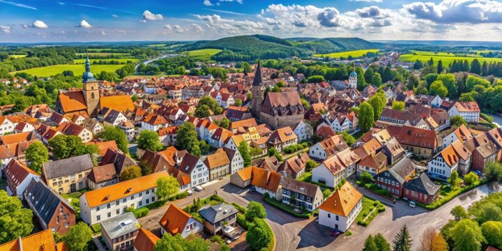 A panoramic aerial view of the old town of Weida, Germany on a sunny day in early summer, Germany, Weida