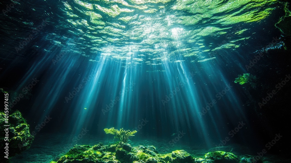 Poster a mesmerizing view of an underwater canyon with soft light filtering through. room for copy in the d