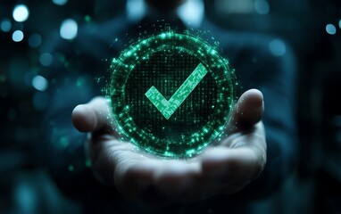 Green check mark hologram held by a businessman, representing compliance, certification, and audit in a professional setting