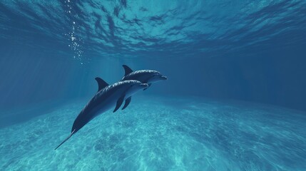 Fototapeta premium A pair of dolphins playing in the ocean depths. Wide space for copy in the clear blue water.