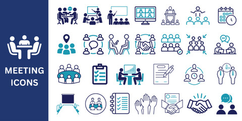 Meeting icon collection. Set meeting icons. Business meeting, presentation, interview, and more icons. Vector illustration.