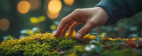 Hand tenderly touching the moss on a tree trunk, highlighting a sincere connection with nature and a focus on environmental care