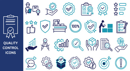 Quality Control Icon Set. Quality, inspection, evaluation, satisfaction, production, testing icons. Vector illustration.
