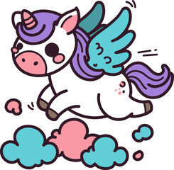 A charming cartoon Pegasus flying above the clouds in a hand-drawn style. This isolated vector illustration is perfect for kids' design projects.