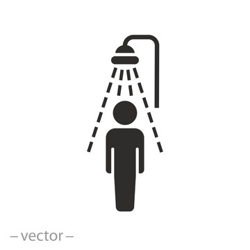 bath room, man in shower icon, bathing hot water, person with douche, flat vector illustration