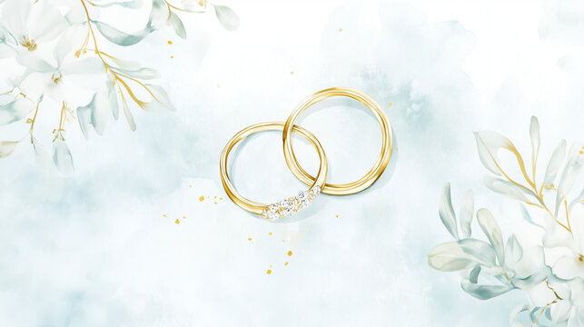 Two gold wedding rings in the center of a light floral watercolor design