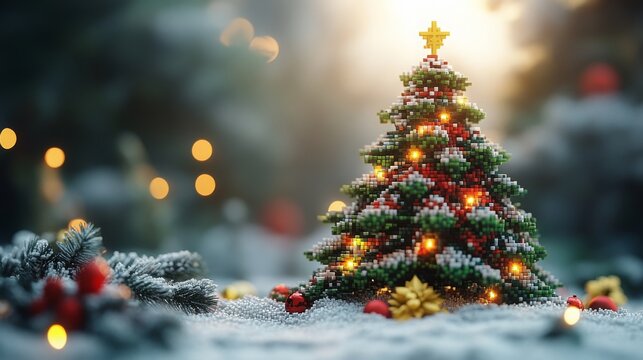 A minimalistic digital pixelated Christmas tree illuminated with lights amidst festive decorations